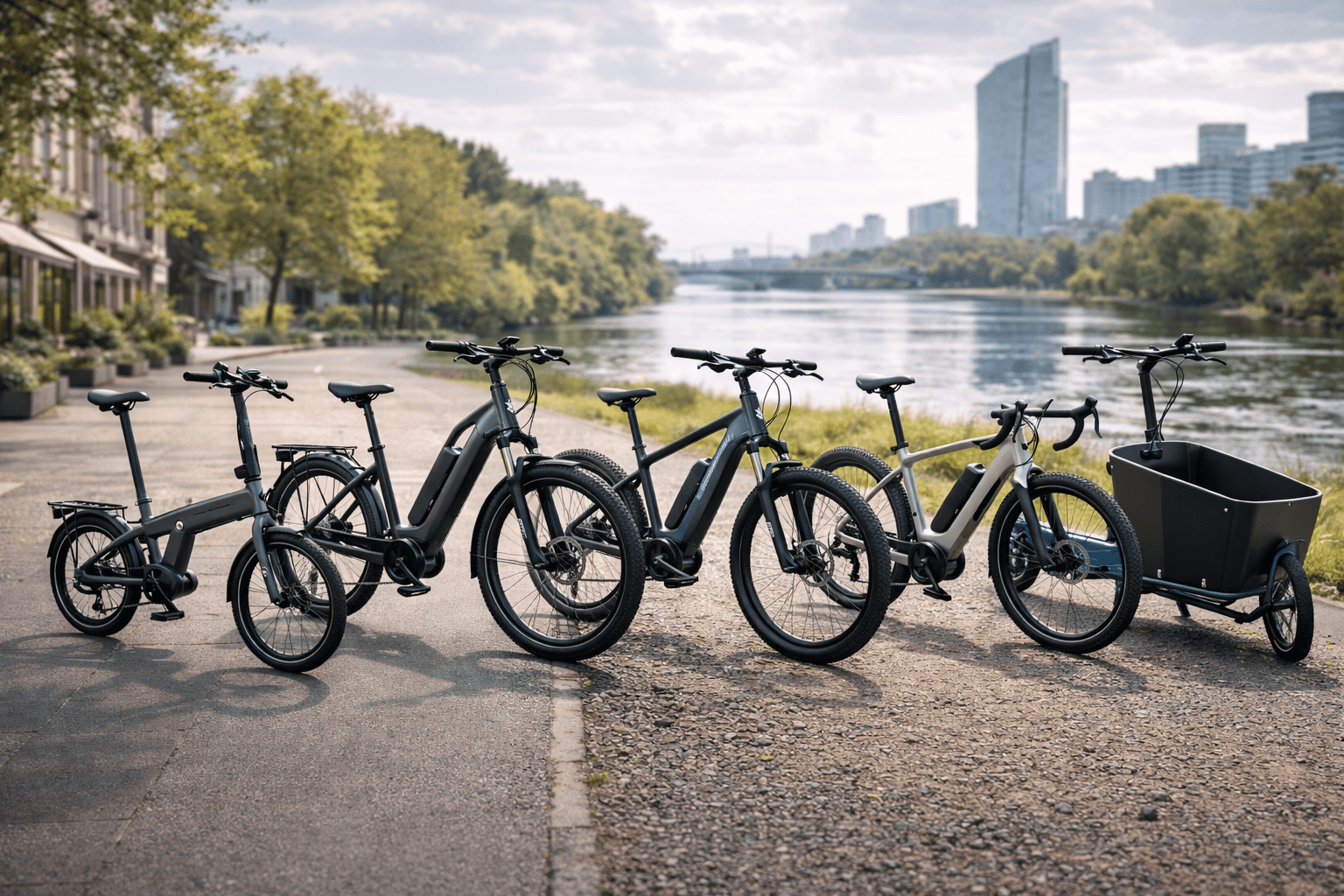 Cinco bicicletas eléctricas en un entorno urbano