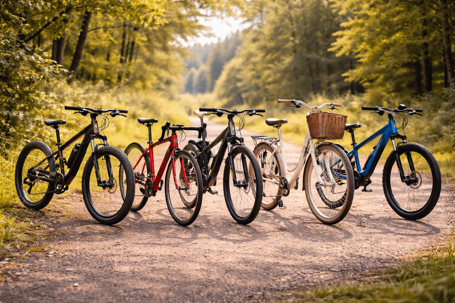 Cinco bicicletas bajo la luz del sol